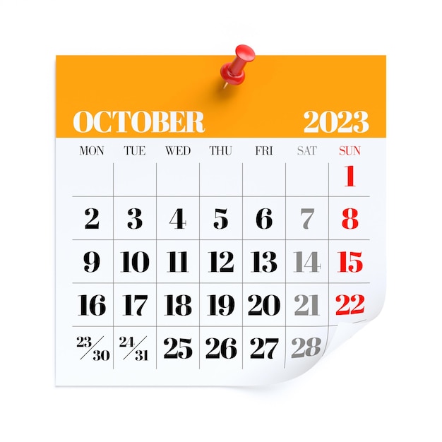 Календарь октября 2023 года изолирован на белом фоне 3D Иллюстрация