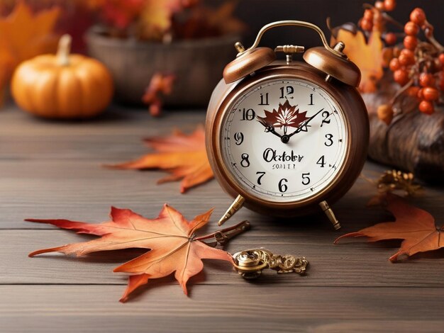 October 2024 monthly calendar and beautiful a table clock maple leaf decoration on wooden