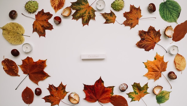 October flat lay and autumn composition with leaves candles and chestnuts top view