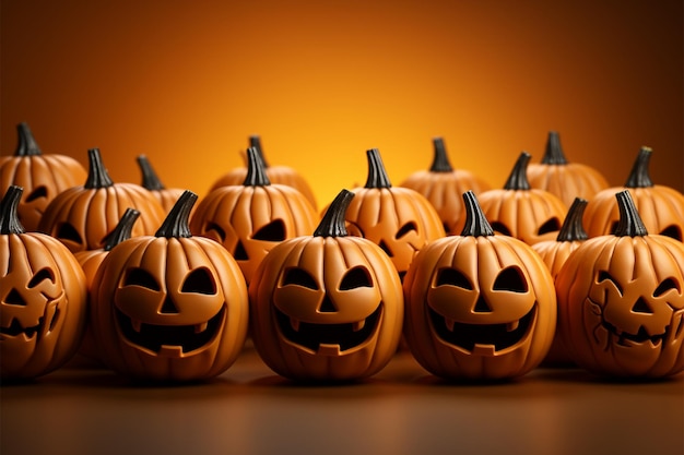 Octobers herald Vibrant jack o lanterns on orange backdrop celebrate autumns arrival