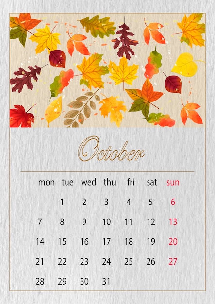 Фото Октябрьпростой европейский векторный календарь на 2024 год