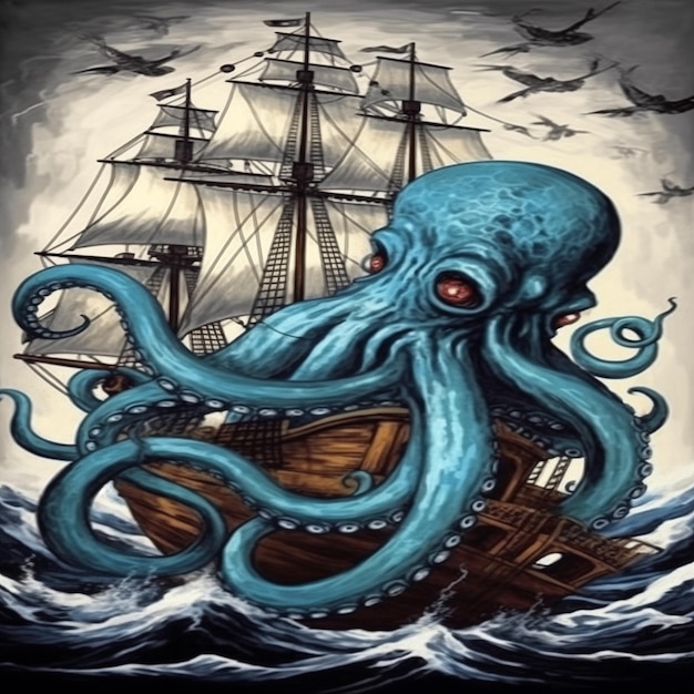 octopus aanvalt een schip in de oceaan met een schip op de achtergrond generatieve ai