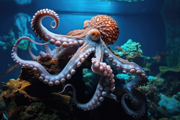 Octopus in an aquarium with long tentacles