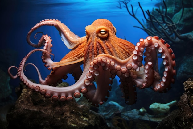 Octopus in an aquarium with long tentacles