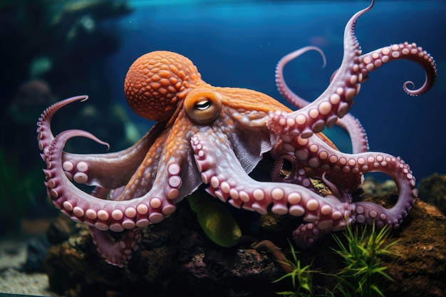 Octopus in an aquarium with long tentacles