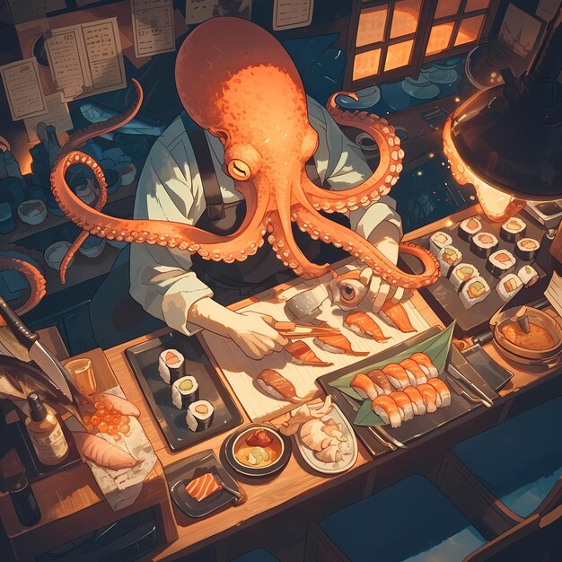 Octopus Chef Prepares Delicious Sushi