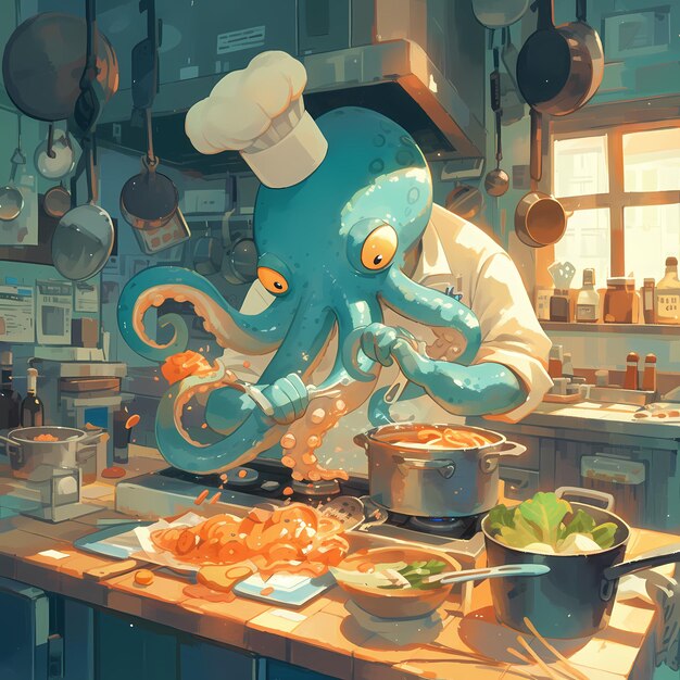 An Octopus Chef Preparing Delicious Food in a Kitchen