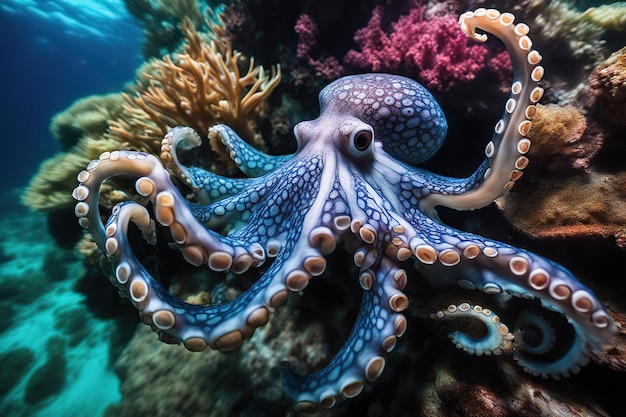 Octopus in coral reef underwater beauty