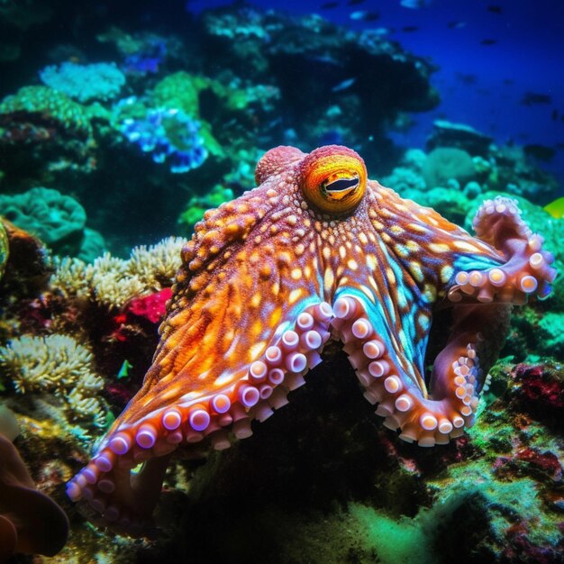 Photo octopus on a coral reef with a blue background generative ai