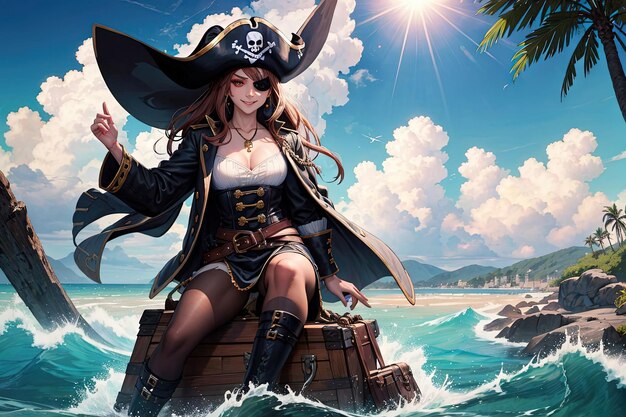 octopus and A Cute pirate girl on treasure island illustration