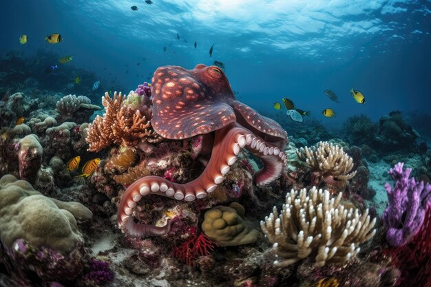 Осьминог танцует на красочном рифе, потрясающий камуфляж, генеративный IA