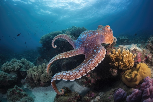 Octopus dansen op kleurrijk rif verbluffende camouflage generatieve IA