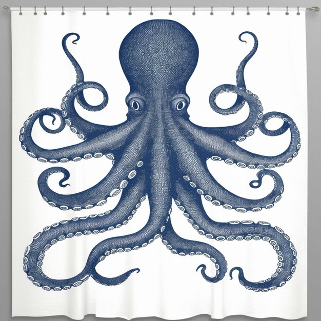 Octopus douchegordijn met blauwe inkttekening van een octopus generatieve ai