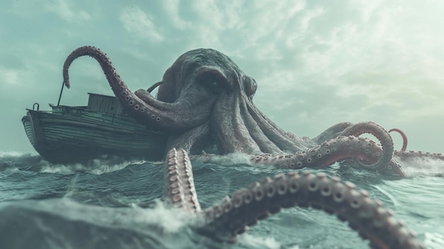 Photo octopus fiercely attacks a ship in the open ocean wrapping its tentacles around the vessel as it tries to defend itself