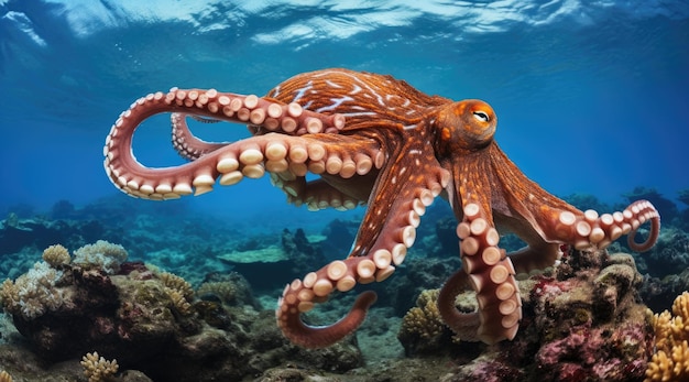 Octopus glijdt door het blauwe oceaanwater Generatieve AI