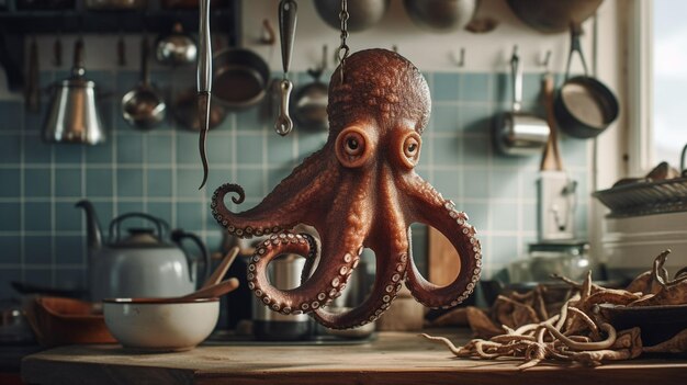 An octopus hanging from a kitchen counter