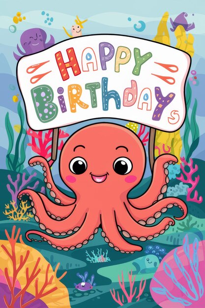 Photo octopus holding a sign saying happy birthday