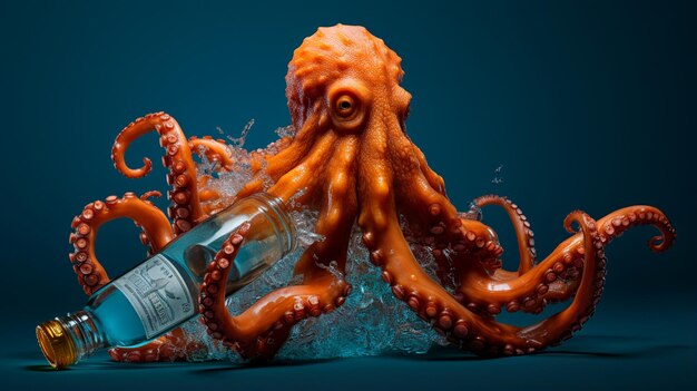 Photo octopus hugged a glass bottle