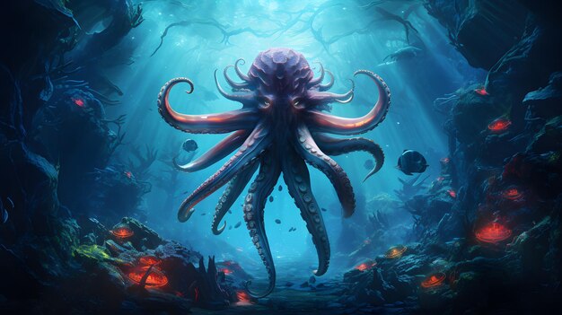 octopus in een diepblauwe zee met koralen en andere zeedieren Genatieve AI