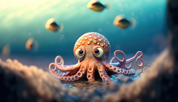 An octopus is on a blue background with a fish swimming around it.