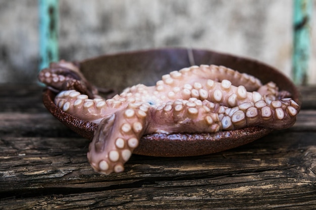 Octopus is rauw, klaar om te koken Close-up van een verse rauwe delicatesse van octopuszeevruchten