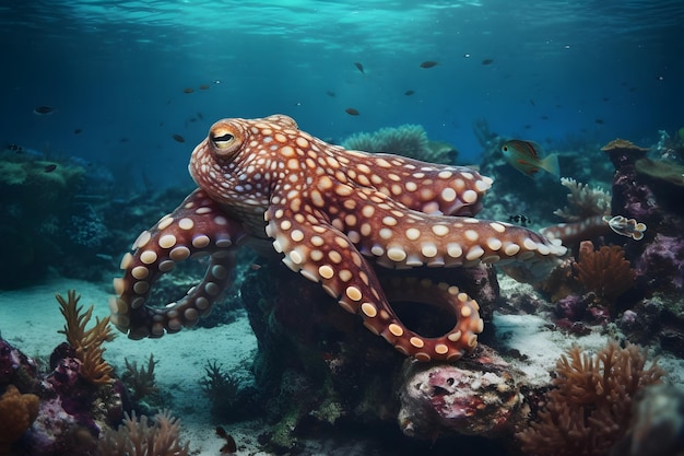 An octopus is on a rock in the ocean.