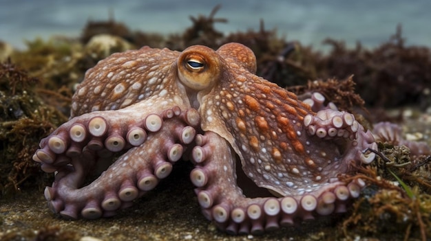 An octopus is seen on a rock.