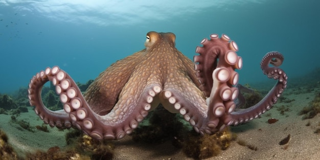 An octopus is seen in the water with its tentacles spread out.