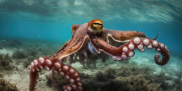 An octopus is seen in the water with a yellow eye