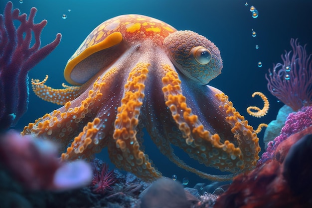 An octopus is shown in an underwater scene.