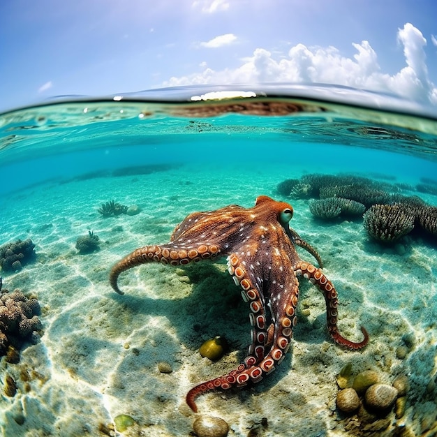 An octopus is swimming in the ocean.