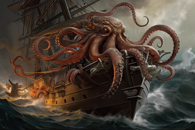 Octopus kraken die een weerloos schip aanvalt en zijn tentakels om het dek wikkelt