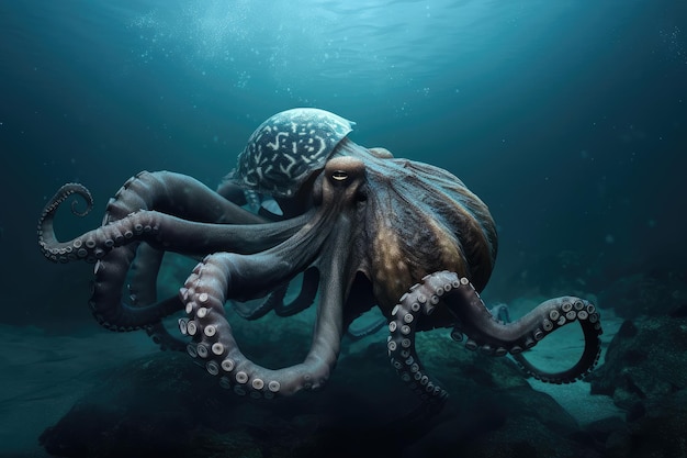 Octopus kraken lurking in murky depths ready to attack
