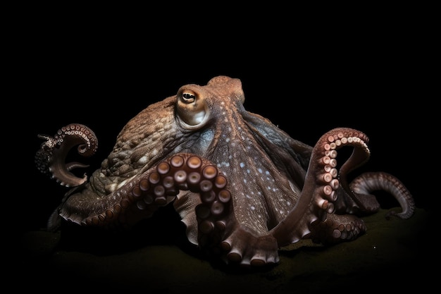 Octopus kraken lurks in shadowy depths waiting to attack its unsuspecting prey