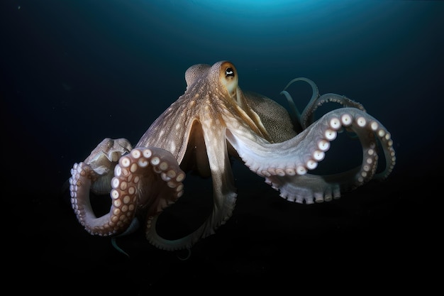 Octopus kraken sluipend door de diepten van de oceaan op zoek naar zijn volgende prooi