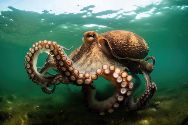 Octopus kraken tentakels die uit het water kronkelen en zich voorbereiden om aan te vallen