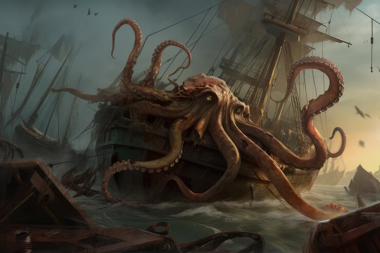 Photo octopus kraken with its tentacles wrapped around sunken ship wreaking havoc on crew