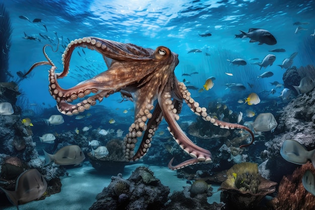 Octopus kraken zwemmen door de diepten van de oceaan met scholen vissen op de achtergrond