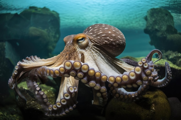 Octopus kraken zwemmen in een rijk onderwaterecosysteem