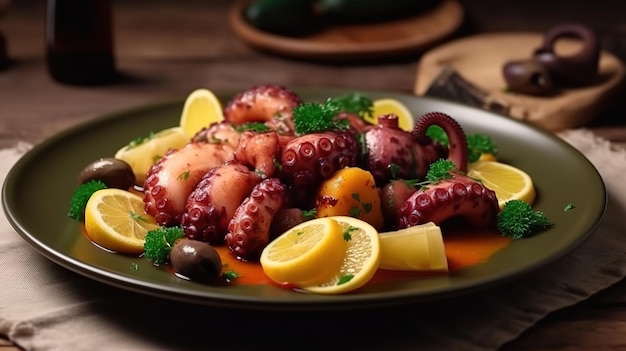 Octopus Lagareiro Geroosterde octopus met aardappelen, knoflook en olijfolie Portugese Generatieve Ai