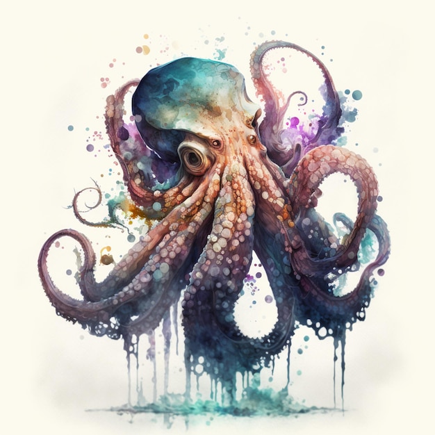 octopus met kleurrijke markeringen en aquarellen op een witte achtergrond generatieve ai