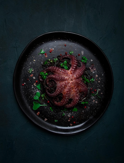 Octopus met zwarte spaghetti pasta specerijen en kruiden bovenaanzicht geen mensen