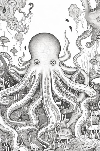 Photo octopus in the ocean drawing generative ai