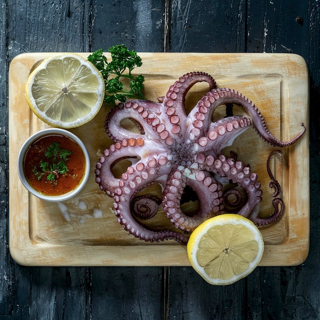 Octopus op een snijplank met citroen peterselie en saus op zwarte rustieke achtergrond