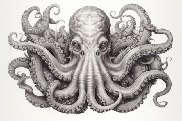 Octopus pencil drawing vintage Generative Ai