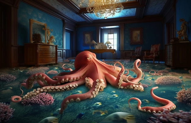 Octopus in a room with a mirror