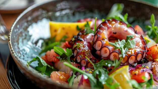 Octopus salade met verse groenten in een kom Gezonde zeevruchten diner