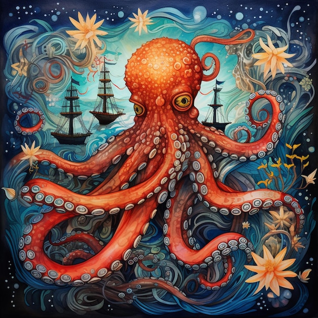 Foto octopus schilderij van een schip en een schip in de oceaan generatieve ai