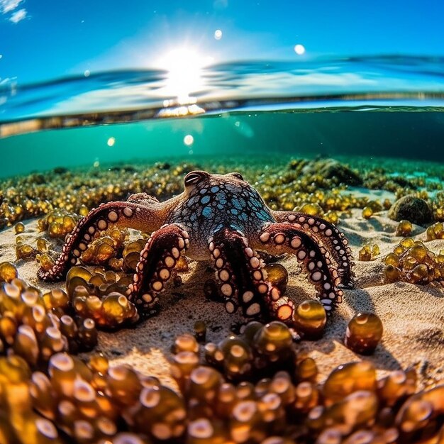 Octopus under the sea with the sun shining on it