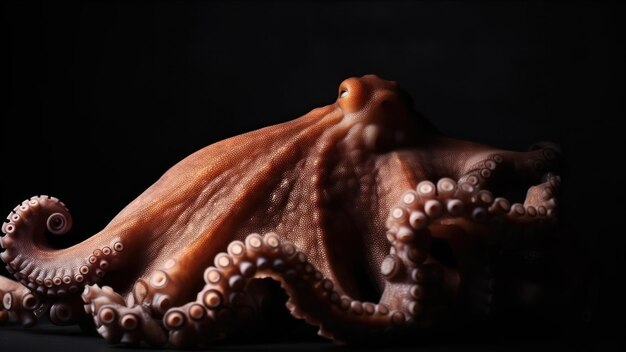 An octopus sits on a black background